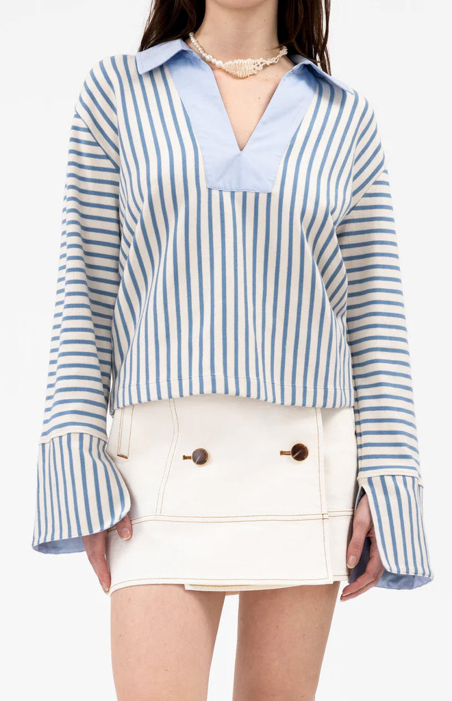 Whitney Top in Cream & Blue Bird Thin Stripe