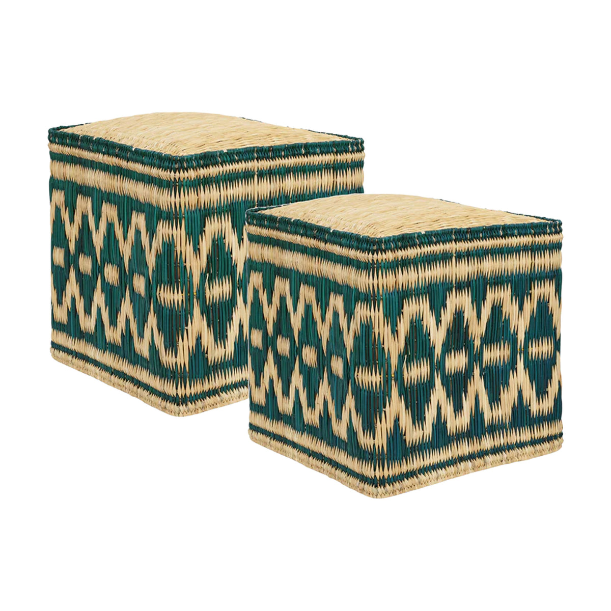 Wicker Stools in Green, Set of 2