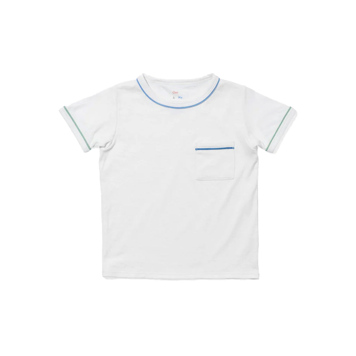 Front view of Willie T-Shirt in Cool Piping showcasing contrast piping at the neckline, sleeves, and pocket on white background