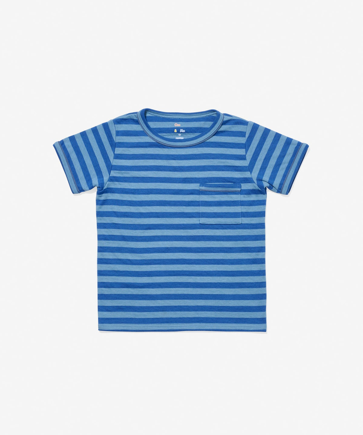 Front view of the Willie T-Shirt in Indigo Stripe showcasing striped fabric, contrast piping, and chest pocket on white