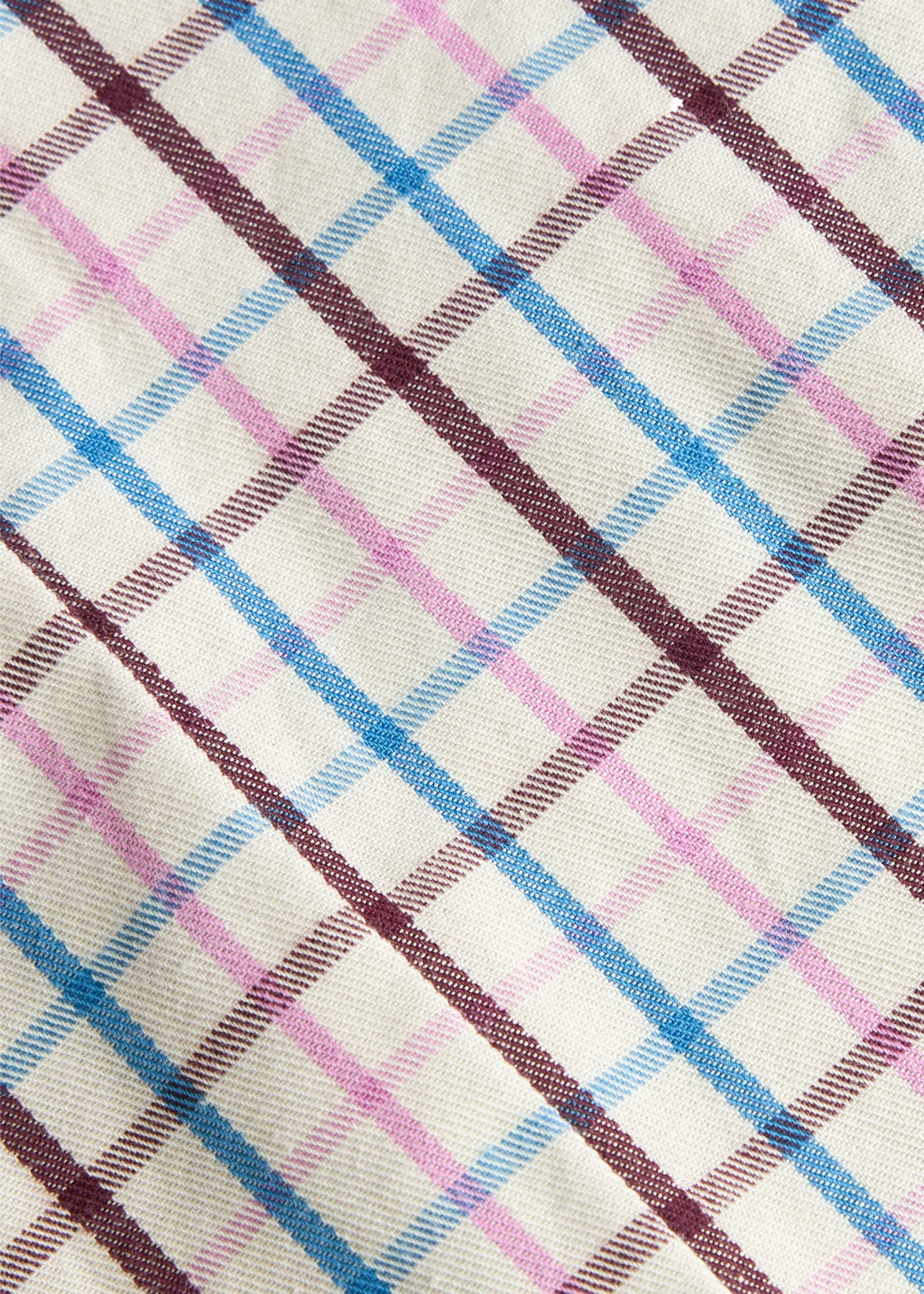 Little English traditional children's clothing. Blue, brown, and pink Wilmington Plaid fabric swatch
