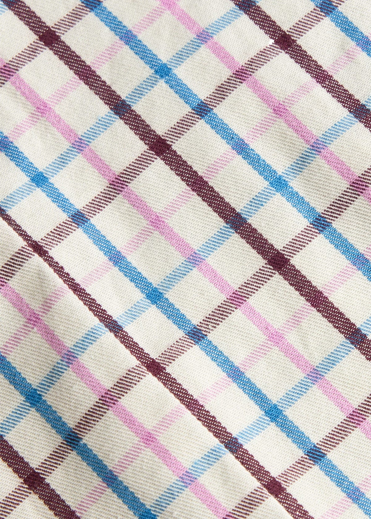 Little English traditional children's clothing. Blue, brown, and pink Wilmington Plaid fabric swatch