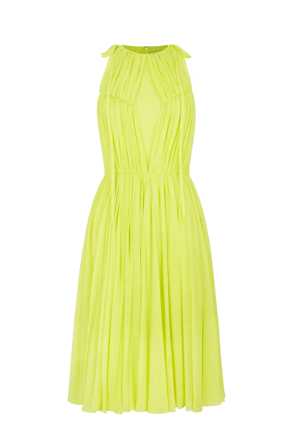 Front view of Wilson dress in lime chiffon crepe showcasing gathered bodice, racer-style armholes and full pleated midi skirt on white background