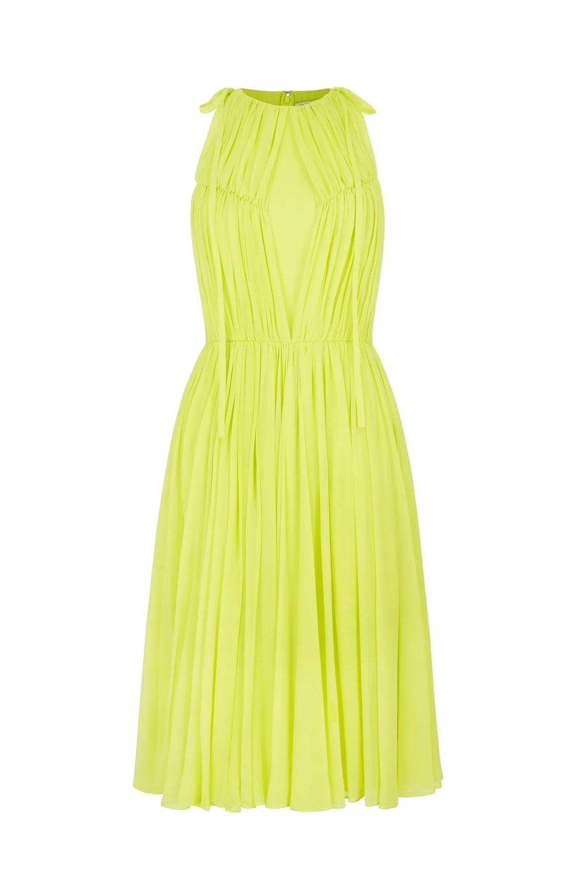Front view of Wilson dress in lime chiffon crepe showcasing gathered bodice, racer-style armholes and full pleated midi skirt on white background