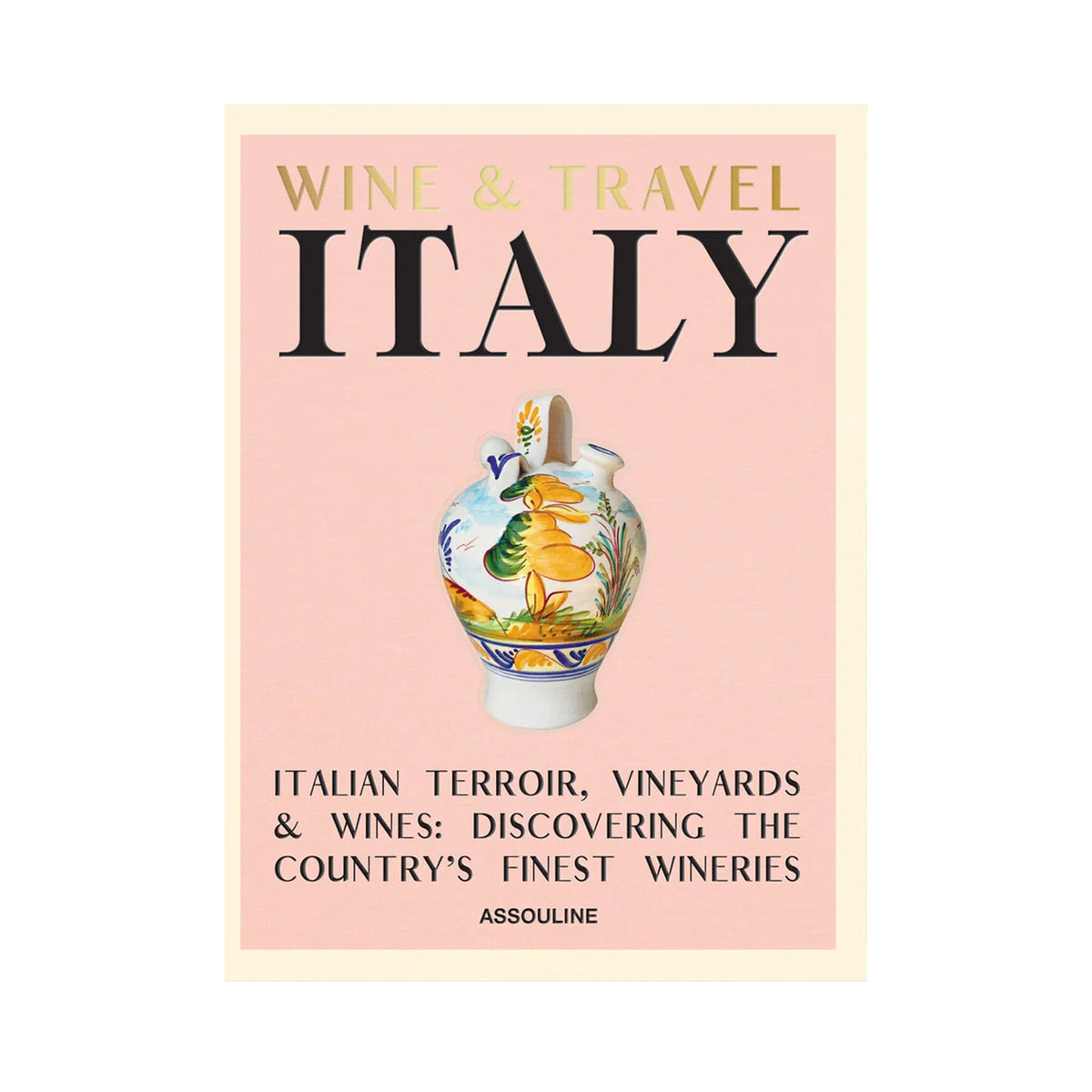 Front view of Wine and Travel Italy linen hardcover book showcasing a floral vase on a pink background