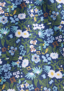 Little English traditional children's clothing. Blue, navy, and green Winslow Floral knit fabric swatch