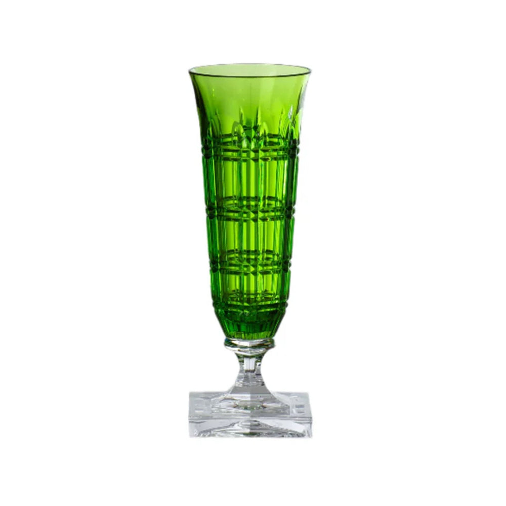 Front view of Winston acrylic champagne flute with faceted green bowl and clear square base on white background