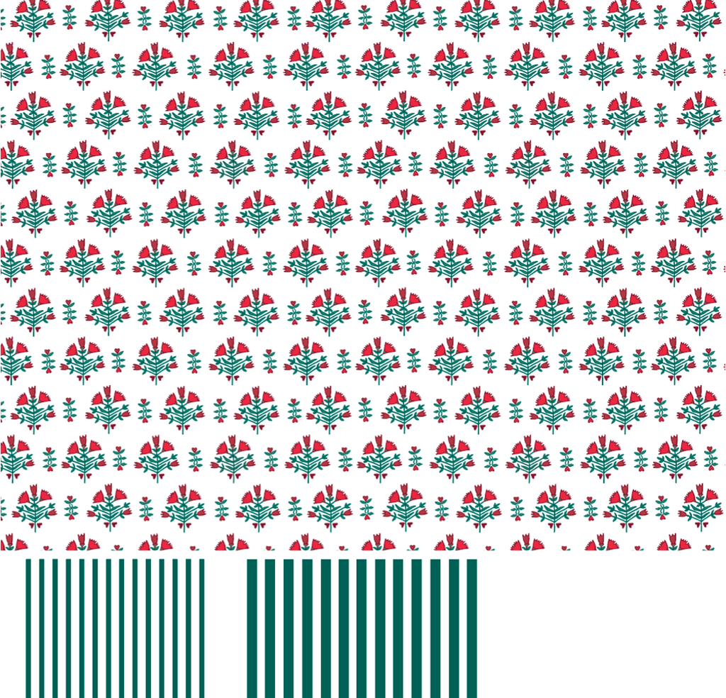 Close-up of kids henley pajamas showcasing red and teal poinsettia motifs with striped trim on a white background