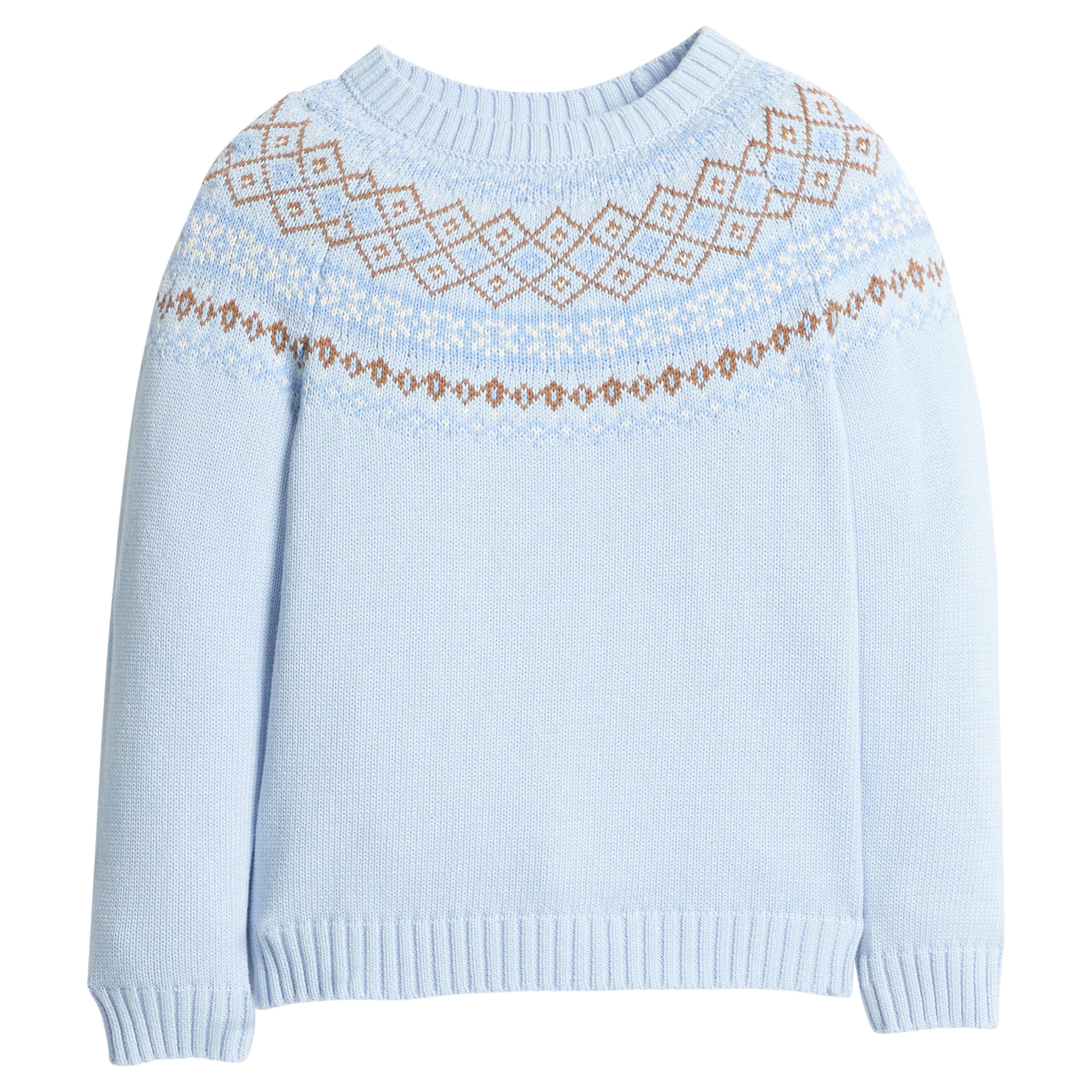 little english classic children's clothing unisex light blue, cream, and brown fair isle sweater for fall 
