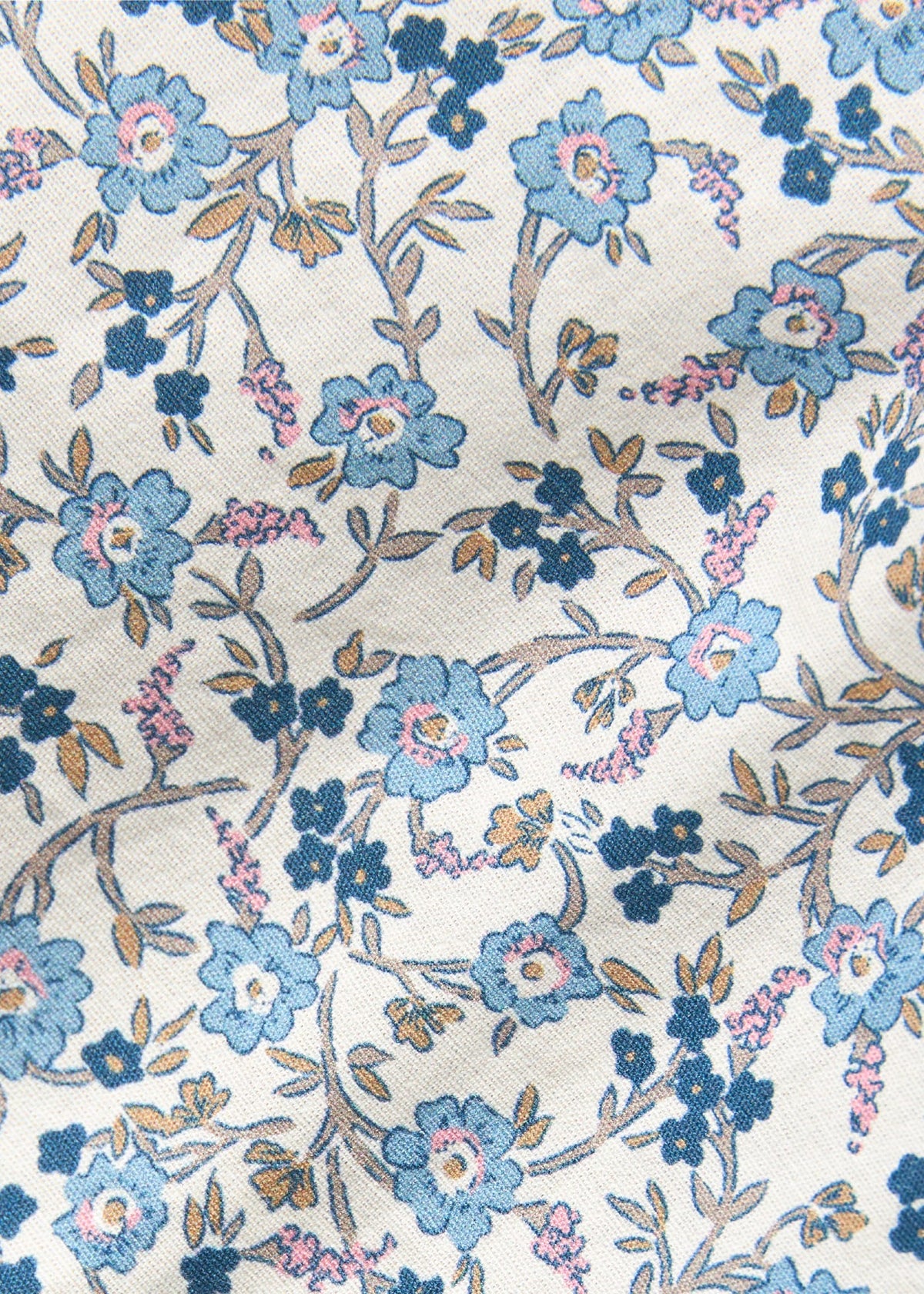 Little English traditional children's clothing. Blue, brown and cream Wisteria Floral fabric swatch