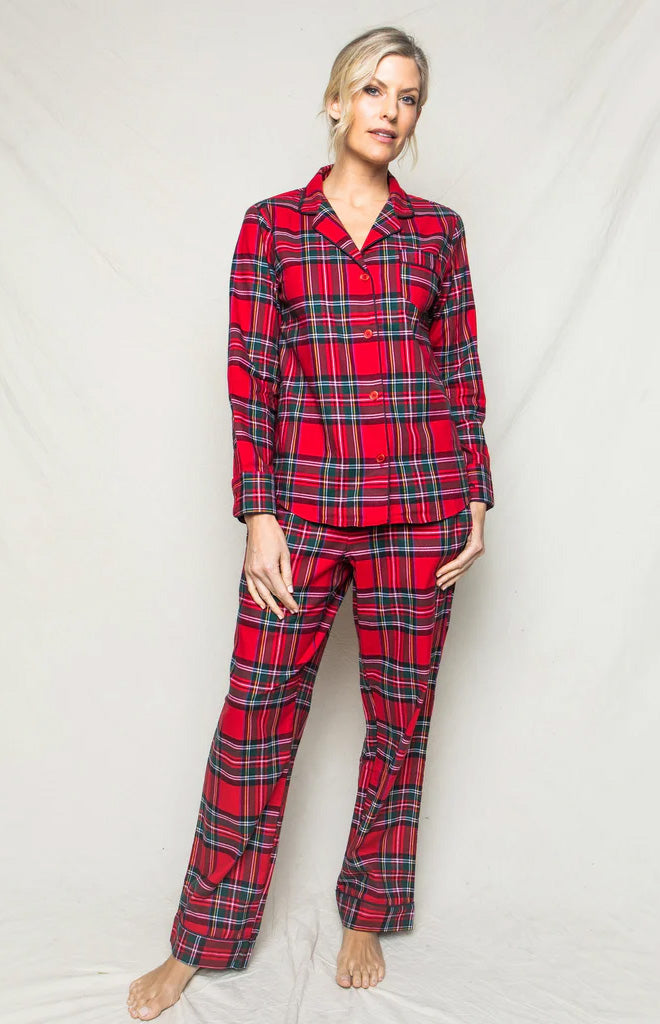Front view of Imperial Tartan pajama set on model showing red tartan, button-up top and straight pants