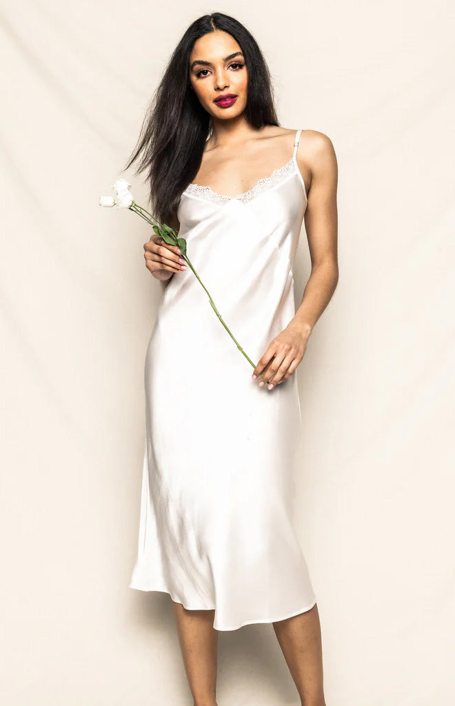 Petite Plume Women's Silk Cosette Nightgown With Lace in White