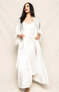 Women’s Mulberry White Silk Luxe Long Robe with Feathers