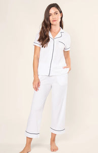 Women’s Pima Crop Set in White with Navy Piping