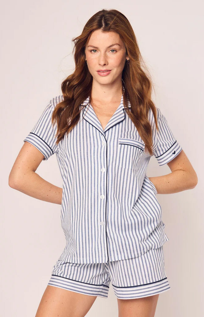 Women’s Pima Short Sleeve Short Set in Navy French Ticking