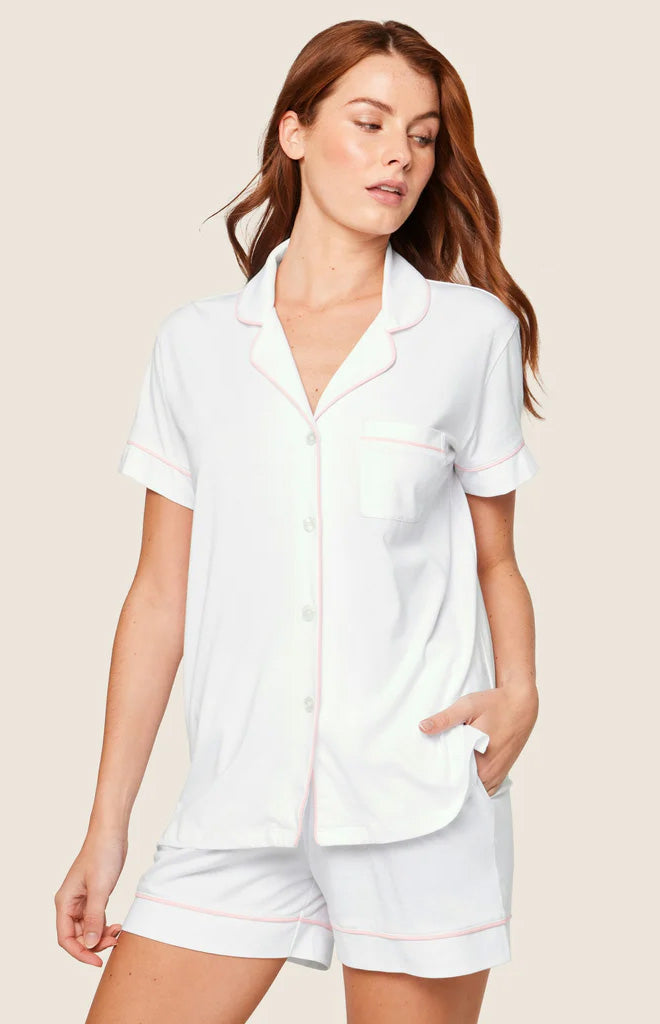 Women’s Pima Short Sleeve Short Set in White & Pink