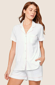 Women’s Pima Short Sleeve Short Set in White & Pink