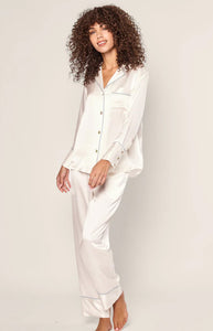 Women’s Silk Pajama Set White with Periwinkle Piping
