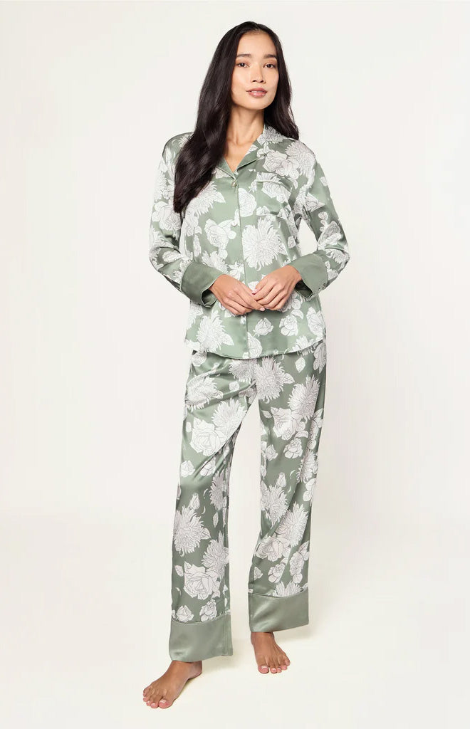 Front view of women’s silk pajama set in sage bloom showcasing white floral print and contrast cuffs on a light studio background
