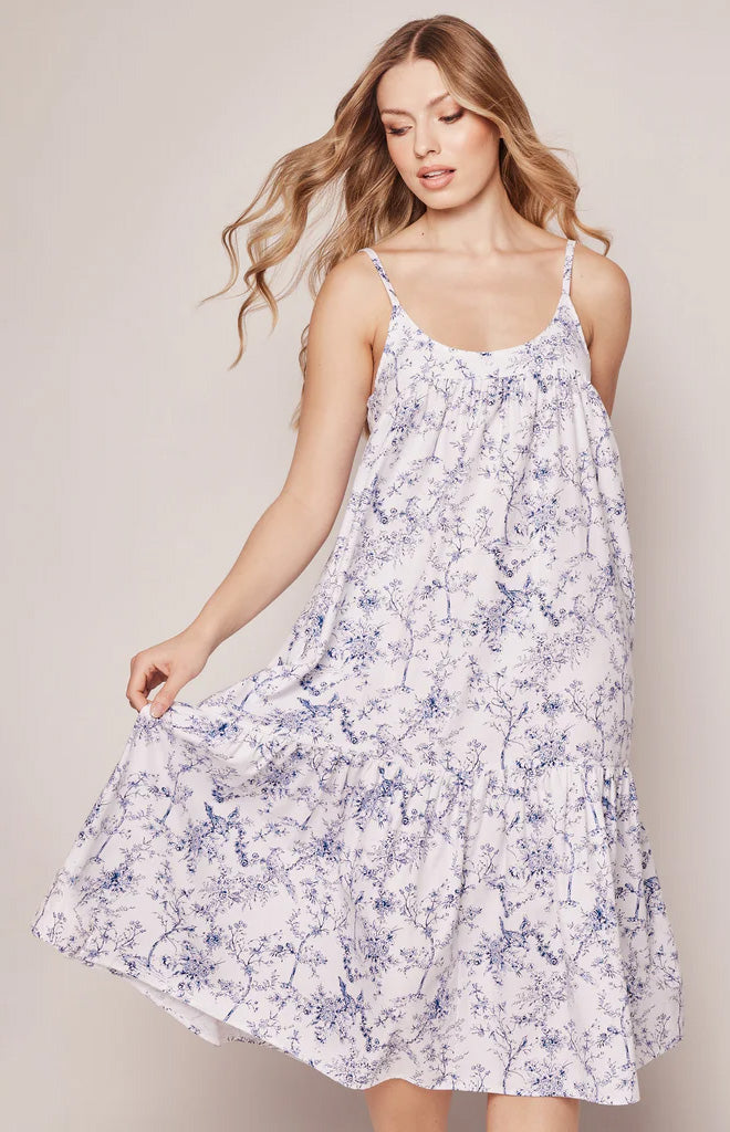Front view of Women’s Twill Chloé Nightgown showcasing its vintage floral print and wide ruffle hem with a neutral studio background