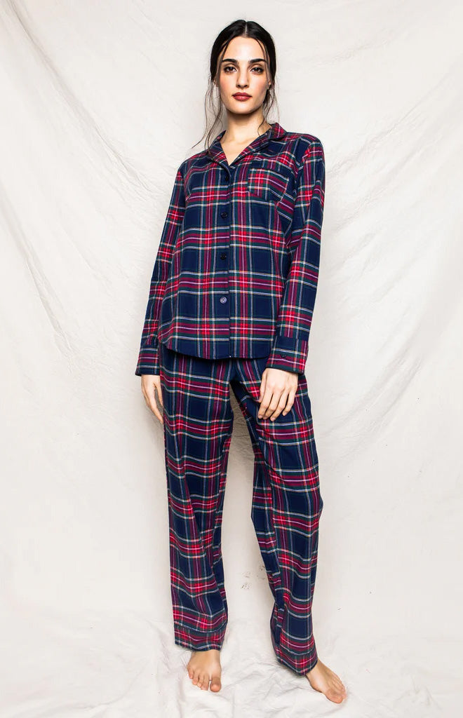 Front view of Women’s Windsor Tartan pajama set showing navy and red tartan button-front top and relaxed-fit pants