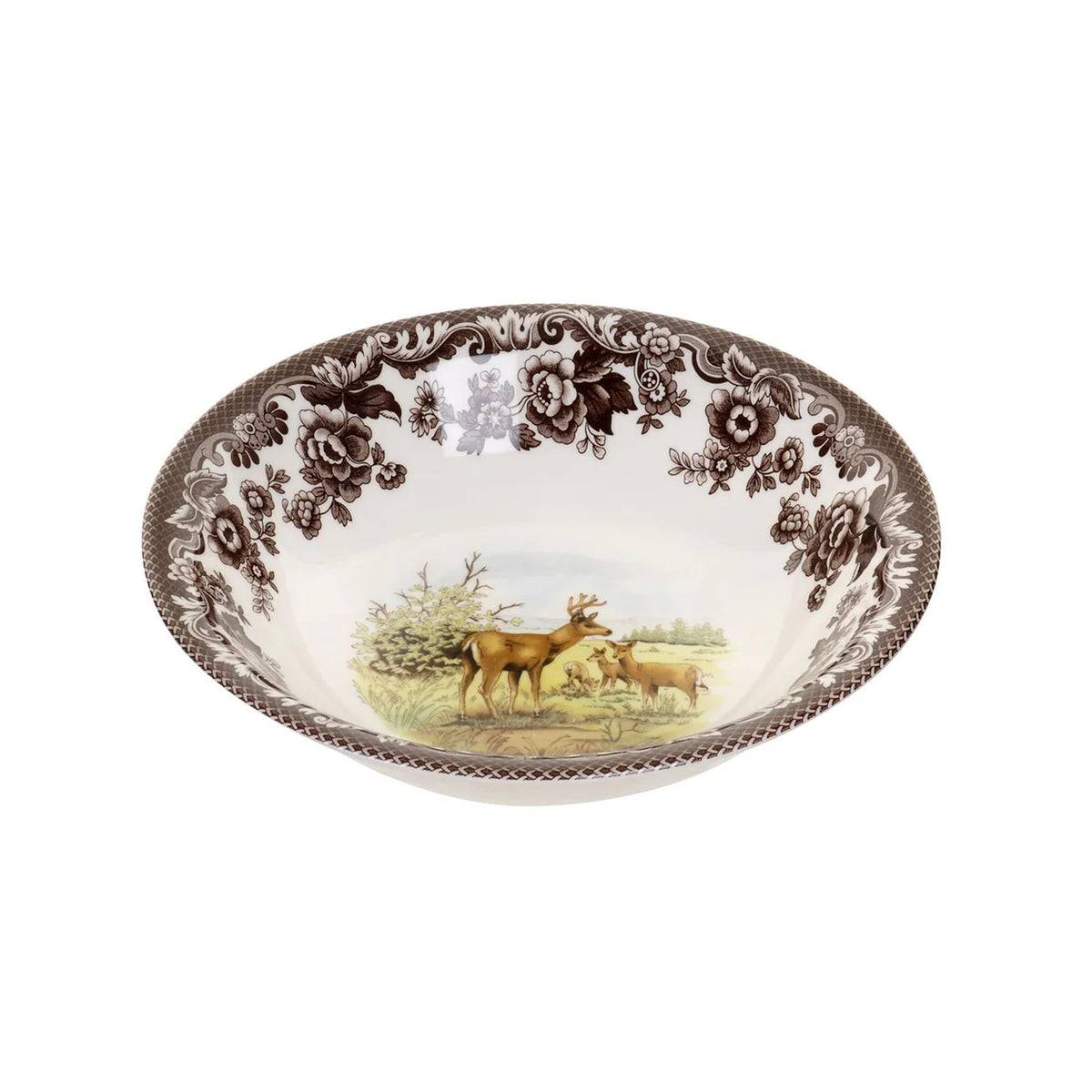 Angled view of Woodland Ascot Cereal Bowl with Mule Deer showcasing a deer illustration and brown floral border with white background