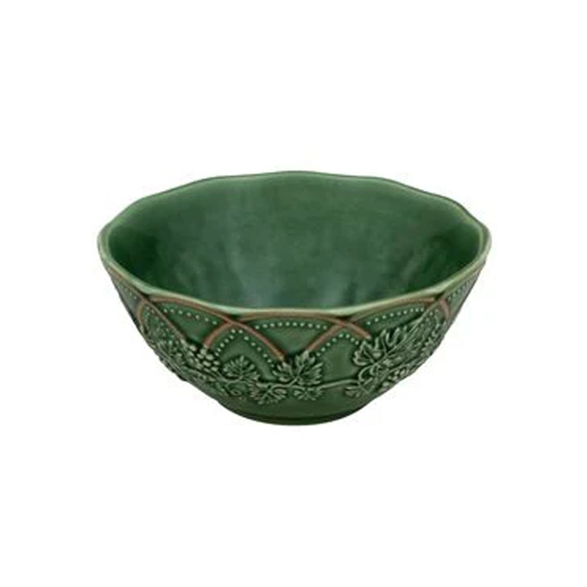 Front view of Woods Cereal Bowl showcasing green earthenware, brown accents, and raised floral motifs