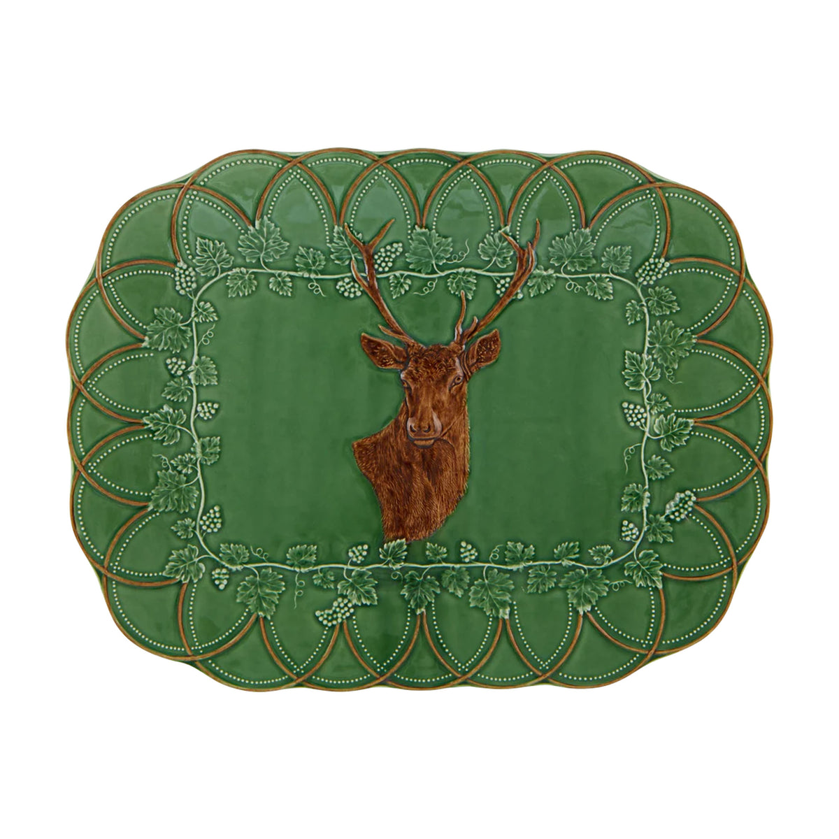 Front view of Woods Deer Tray showcasing a rustic wild deer and leafy green design on a white background