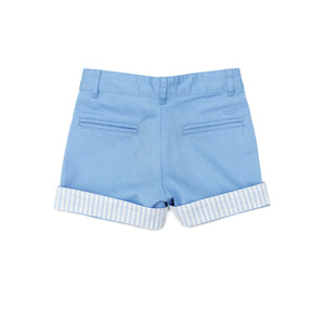 Henry Duvall boys Wyatt Shorts in East Beach Blue cotton featuring reversible striped cuffs, a timeless and versatile preppy boys short