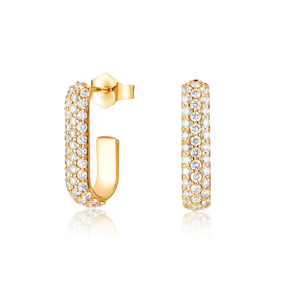 Front and side view of XL Pin earrings in 14k yellow gold with three row pave diamonds and dome setting on white background