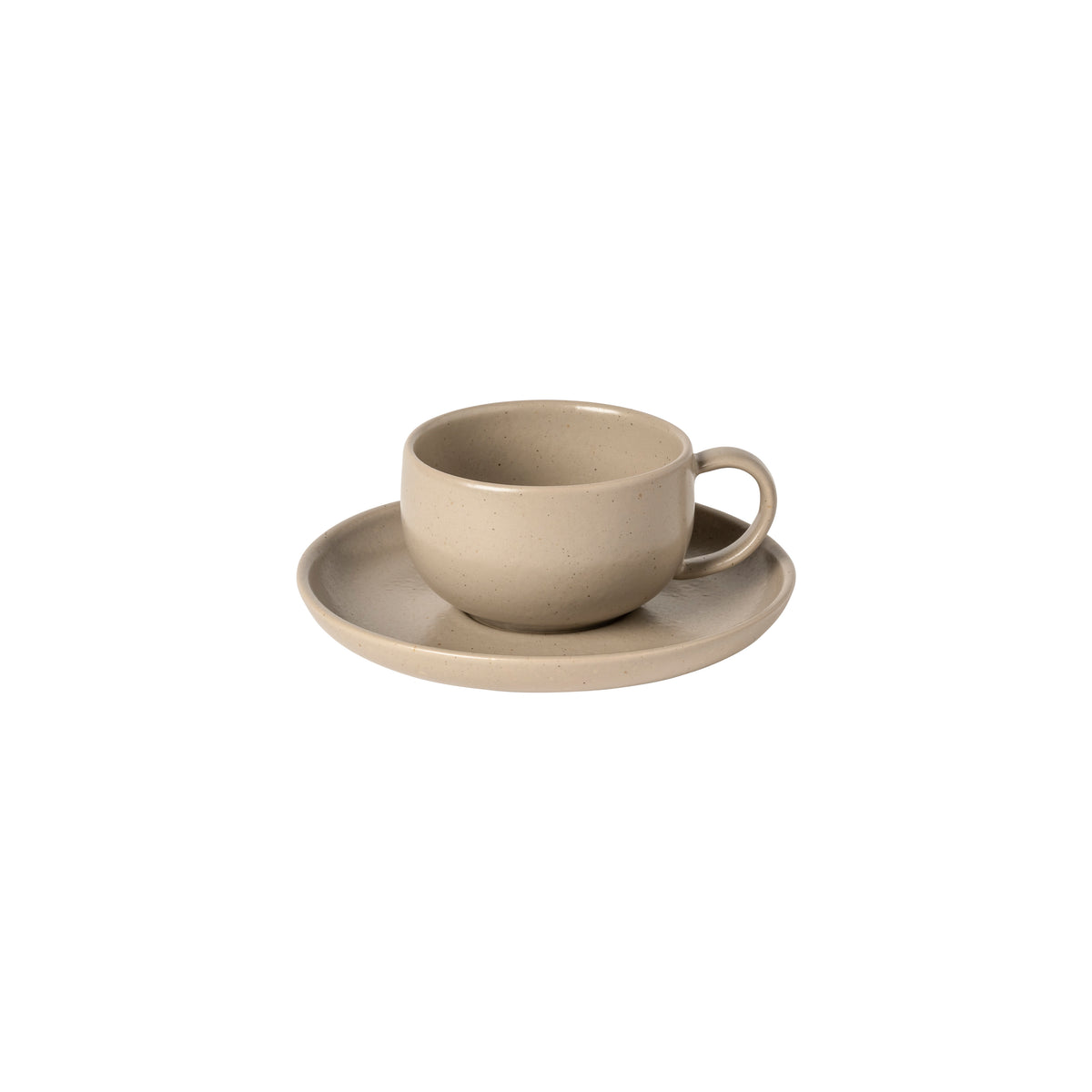 Close-up of Pacifica Collection chestnut teacup and saucer showcasing the soft matte glaze on a white background