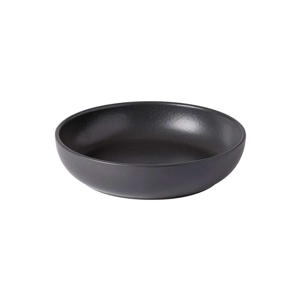 Angled view of Pacifica pasta bowl in seed grey showing matte glaze and wide shallow shape on white background