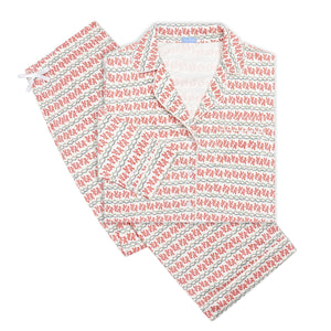 Flat lay of Christmas Lobster long pajama set with collared button-front top, matching pants, and red lobster garland print