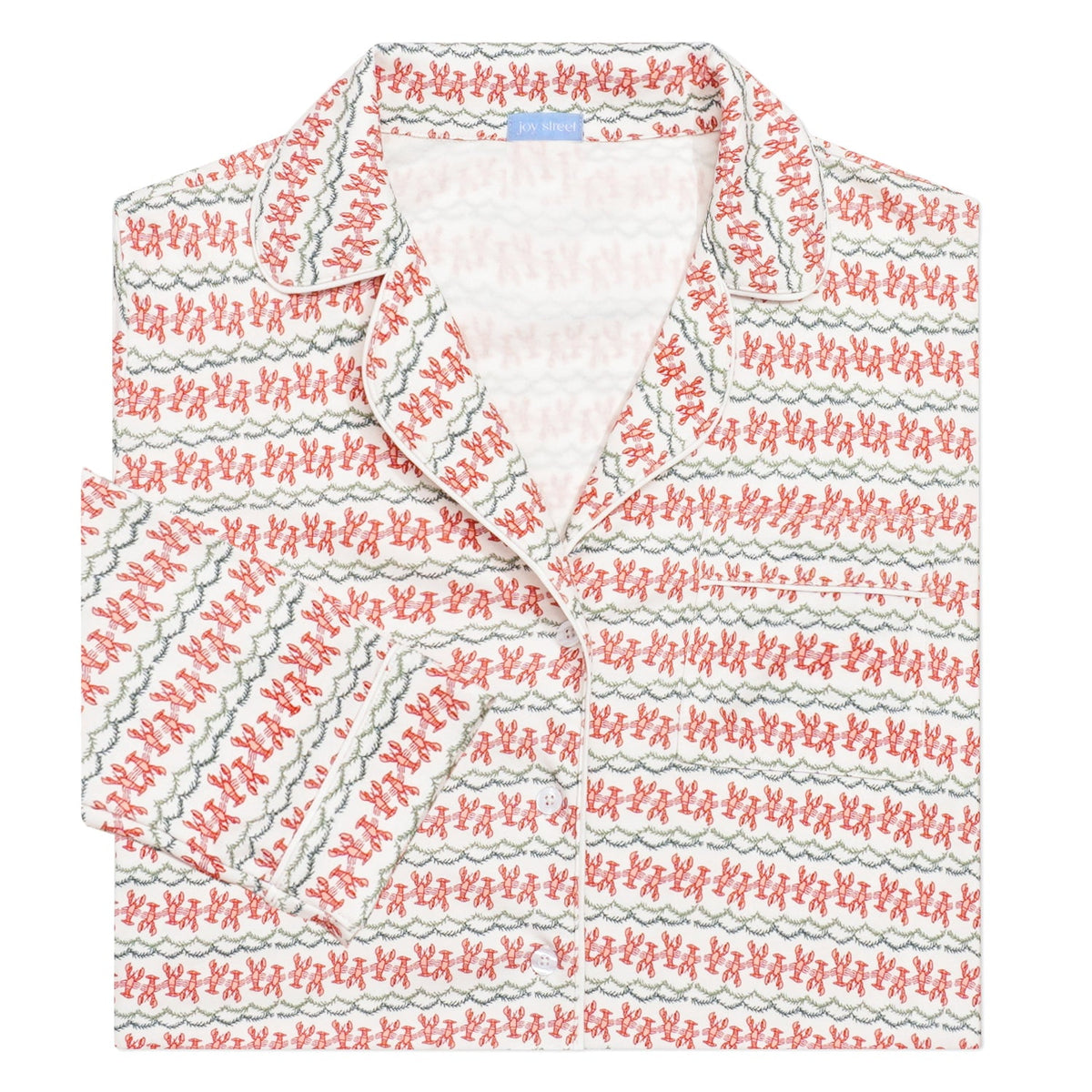 Front view of Christmas Lobster women’s pajama top showcasing button-front collar and red-green lobster print on white background