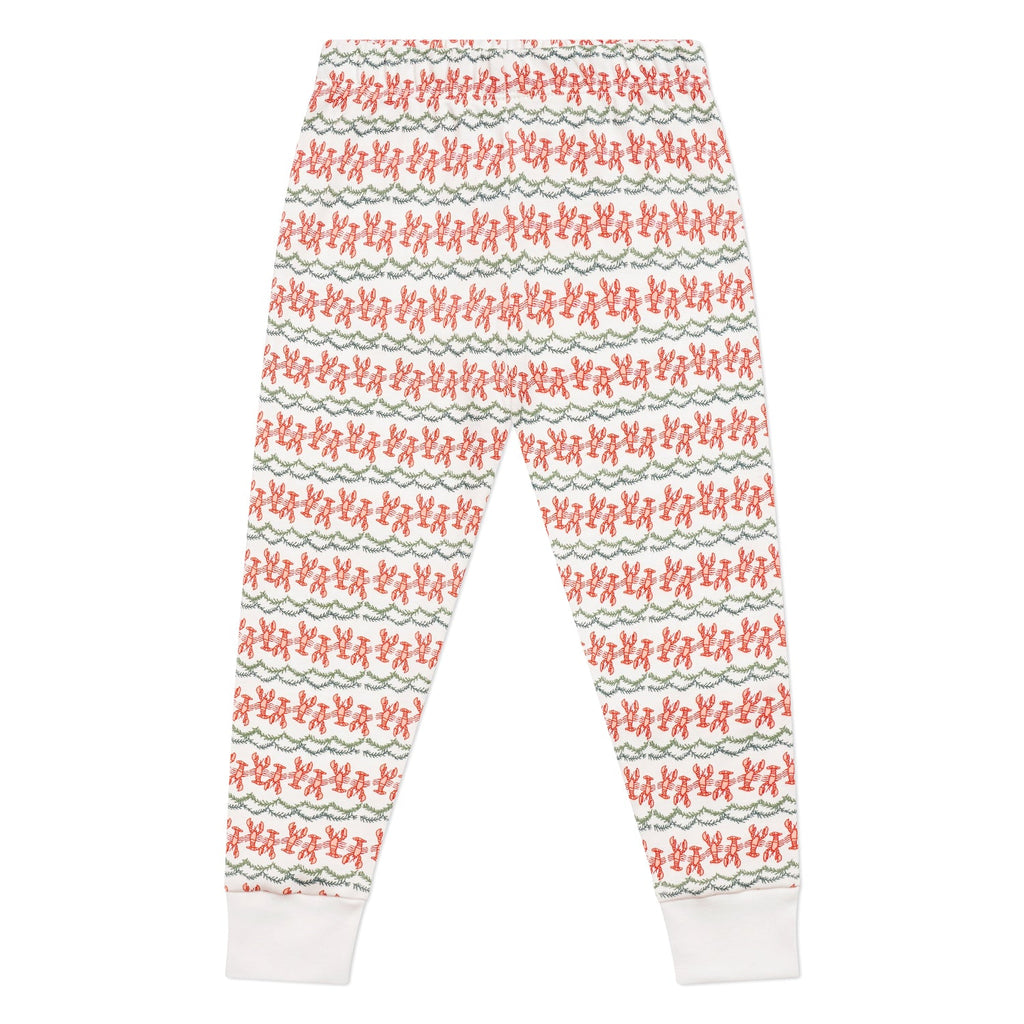Front view of Christmas lobster pajama bottoms showcasing a repeating red lobster pattern and white cuffs on a white background