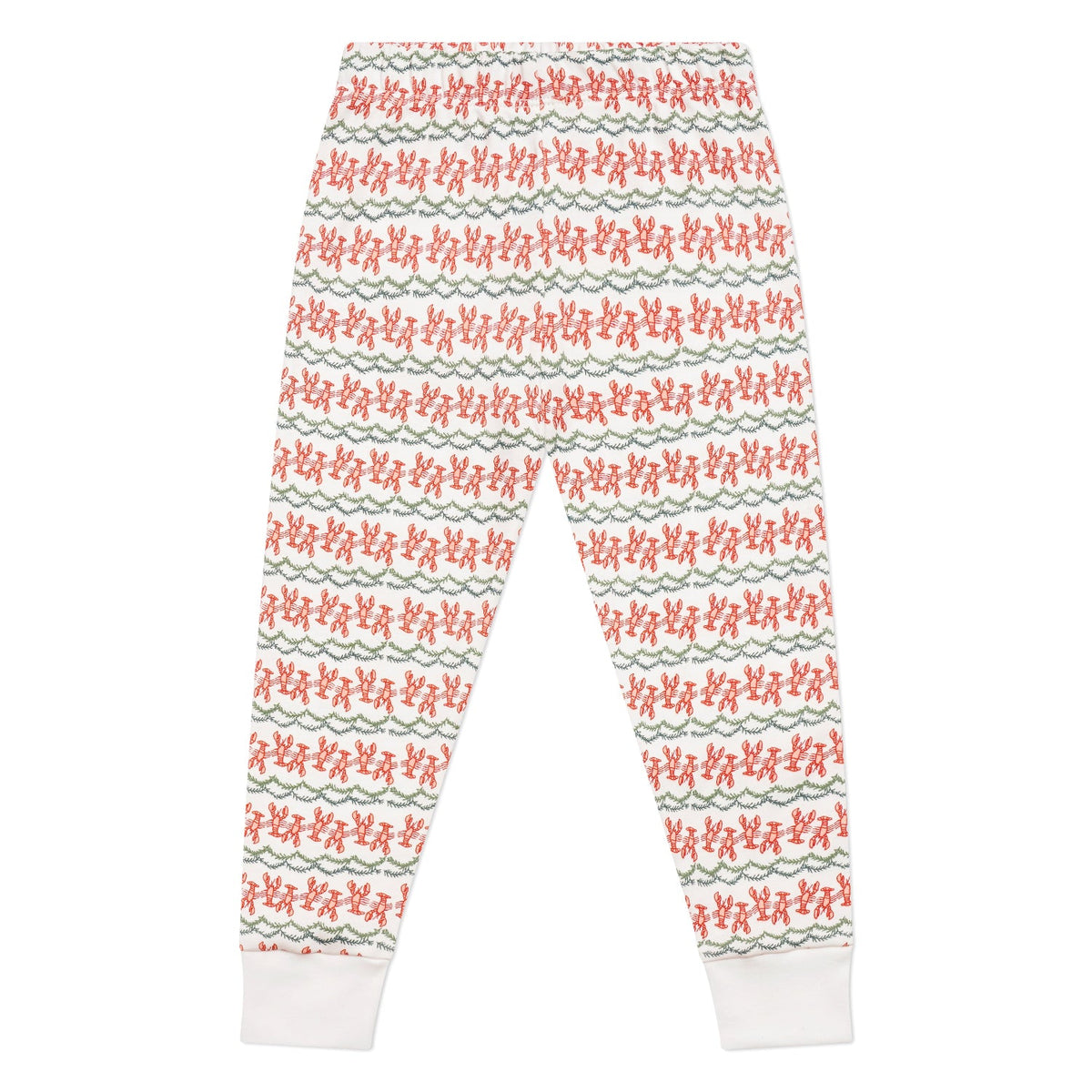 Front view of Christmas lobster pajama bottoms showcasing a repeating red lobster pattern and white cuffs on a white background