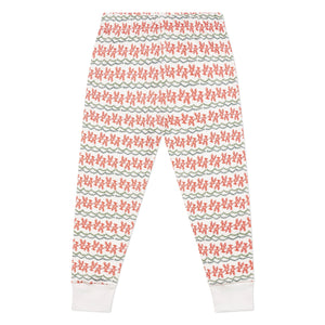 Front view of Christmas lobster pajama bottoms showcasing a repeating red lobster pattern and white cuffs on a white background