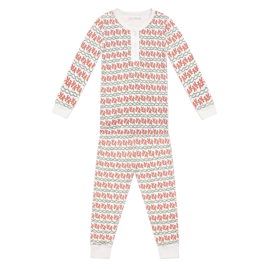 Front view of Christmas lobster kids henley pajamas showcasing red lobster print and button neckline on white background