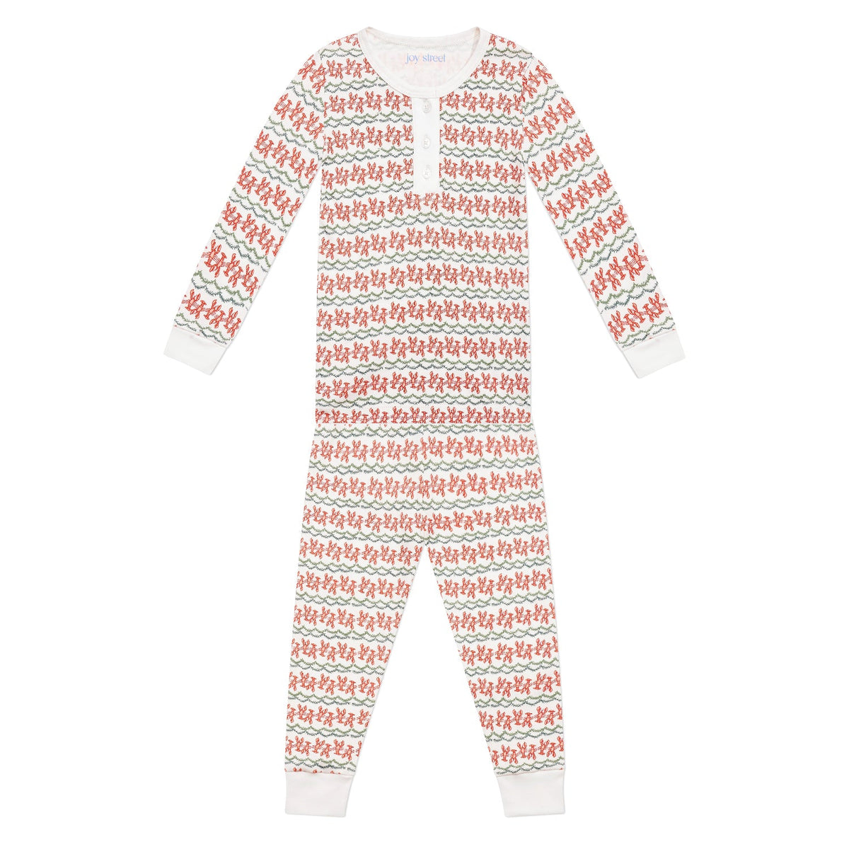 Front view of Christmas lobster kids henley pajamas showcasing red lobster print and button neckline on white background