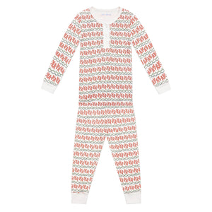 Front view of Christmas lobster kids henley pajamas showcasing red lobster print and button neckline on white background