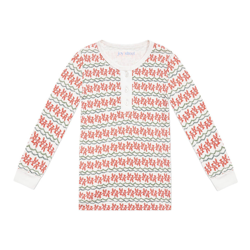 Front view of Christmas lobster kids henley pajama top showcasing red lobster pattern and gray trim on white background