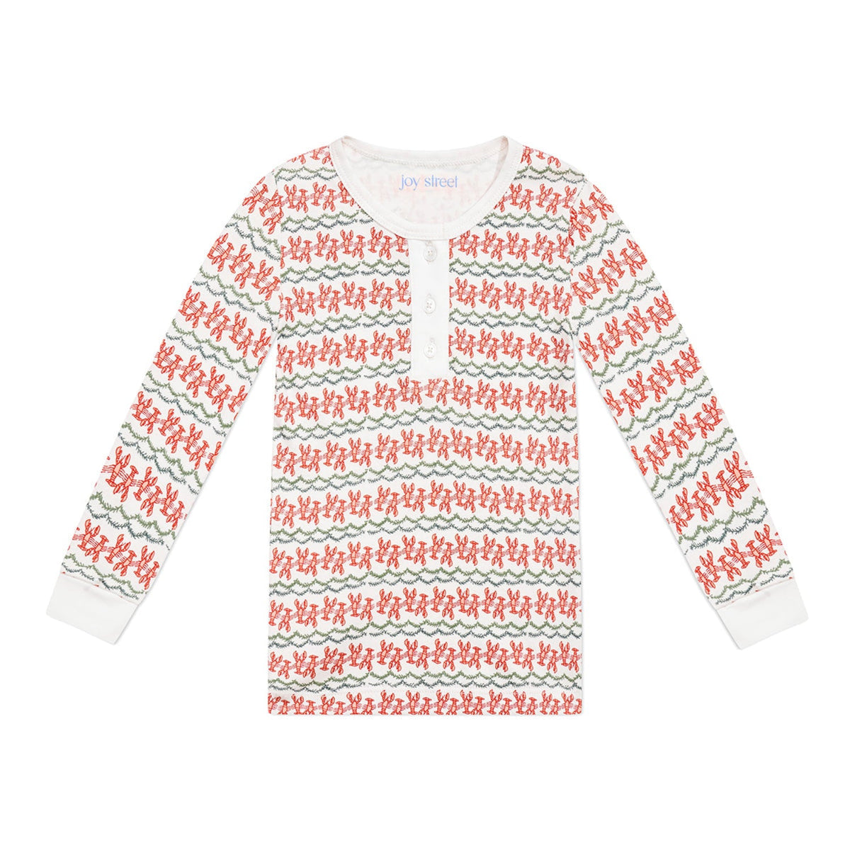 Front view of Christmas lobster kids henley pajama top showcasing red lobster pattern and gray trim on white background