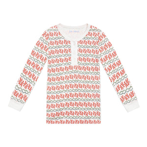 Front view of Christmas lobster kids henley pajama top showcasing red lobster pattern and gray trim on white background