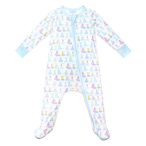 Front view of Holiday Harbor Zip Baby Onesie showcasing footed legs and festive sailboats on a white background