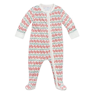 Front view of Christmas Lobsters Zip Baby Onesie showcasing evergreen garland and red lobster print with footed legs