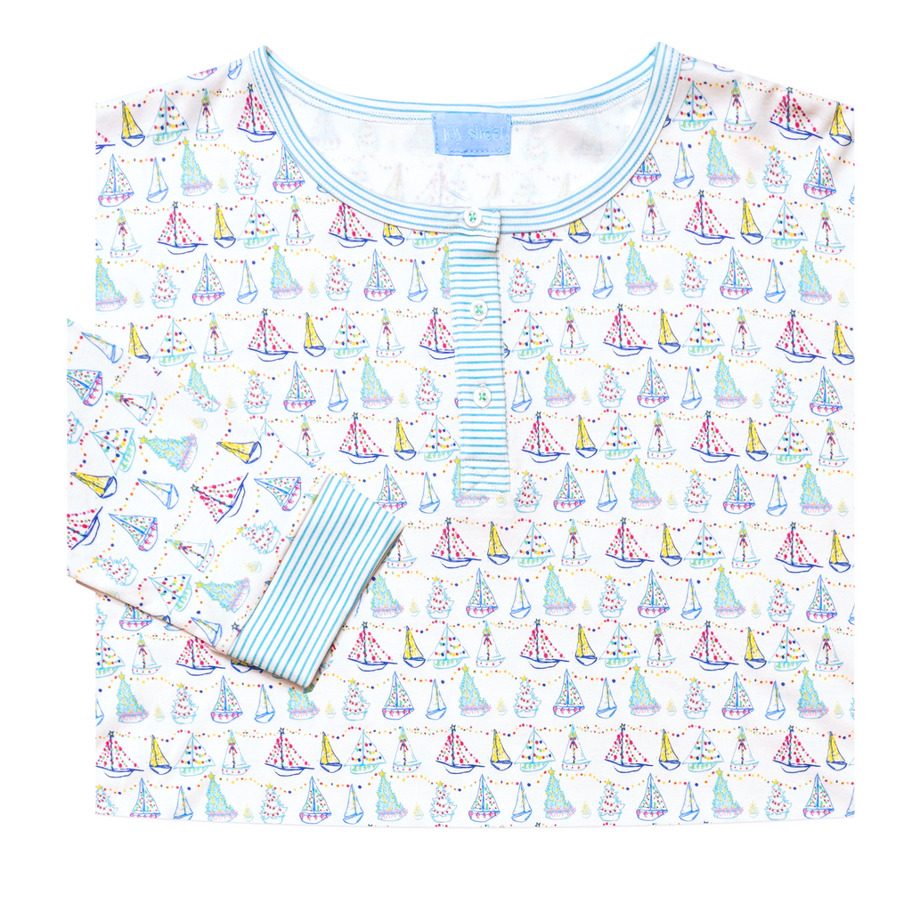 Front view of Holiday Harbor women’s henley pajama top showcasing hand-drawn sailboat print and striped cuffs on white background