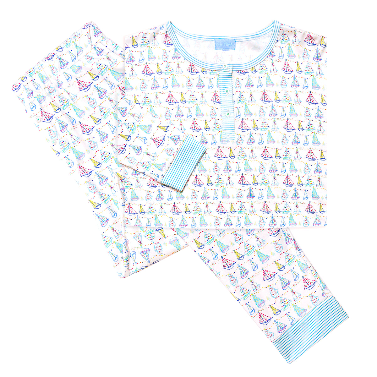 Flat lay of Holiday Harbor women’s henley pajama set showing colorful sailboat print, button-front top, and striped trim