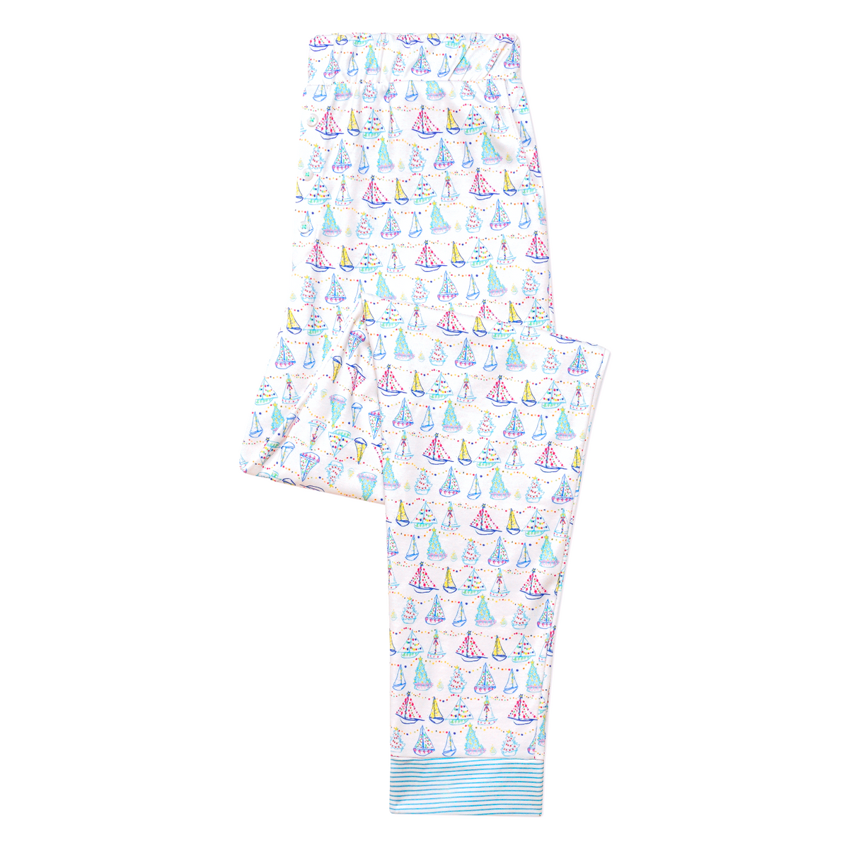 Front view of Holiday Harbor Women’s Henley Pajama Set showcasing colorful sailboat print with white background