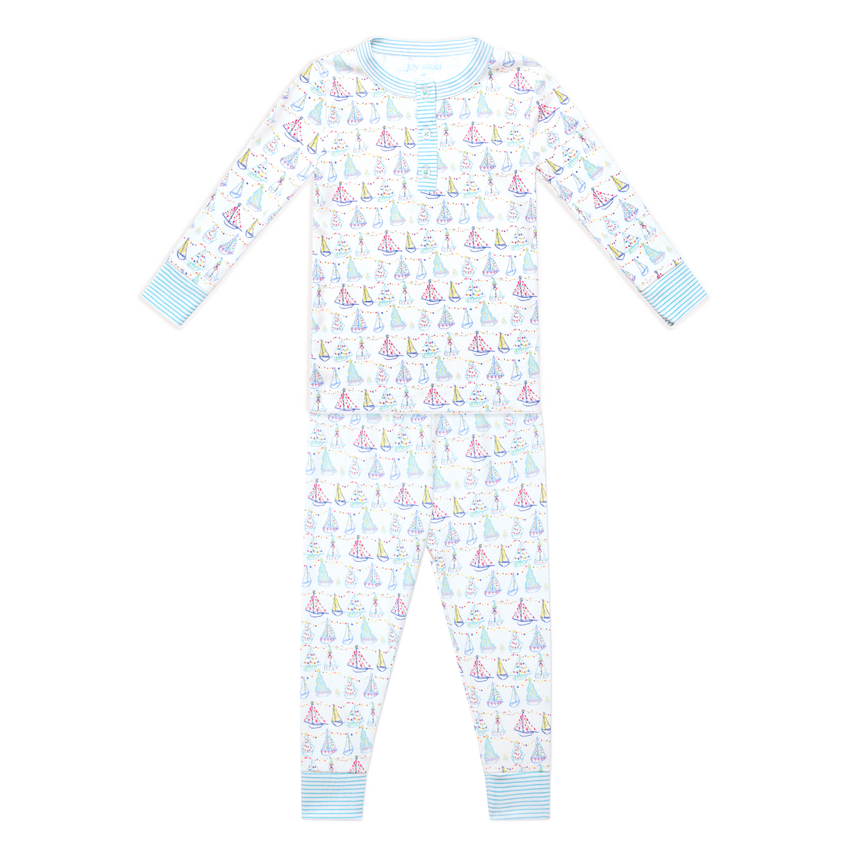 Front view of Holiday Harbor Henley Pajamas showcasing hand-drawn sailboat print with a white background