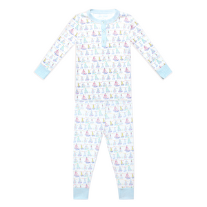 Front view of Holiday Harbor Henley Pajamas showcasing hand-drawn sailboat print with a white background